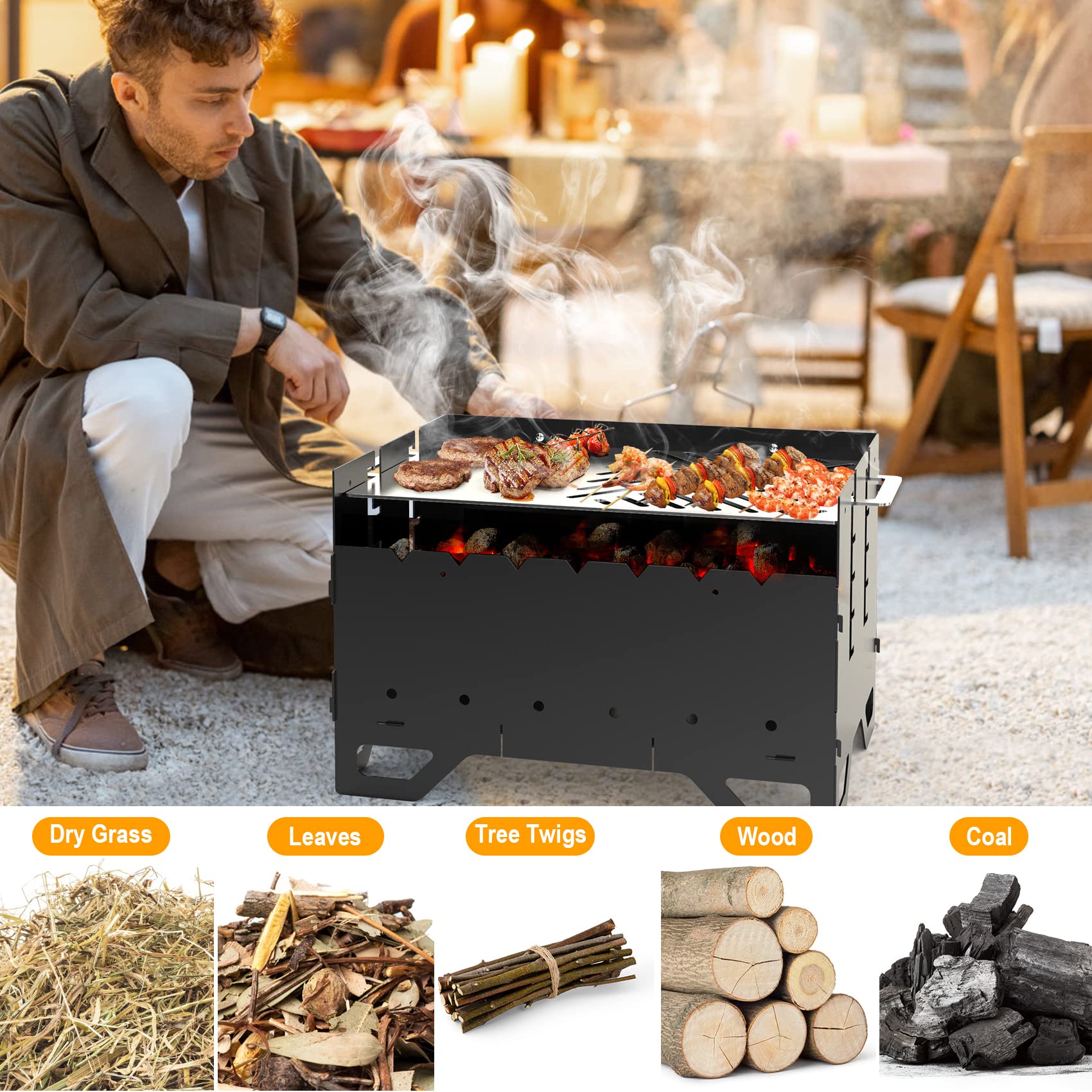 Onlyfire Mobiler Mangal Kohlegrill | Schaschlik Grill mit Plancha Grillplatte & 7 Spieße, 2 in 1 Tragbarer BBQ Holzkohlegrill - Ideal für Schaschlik, Kebab und Gemüse, 53 x 34 x30 cm