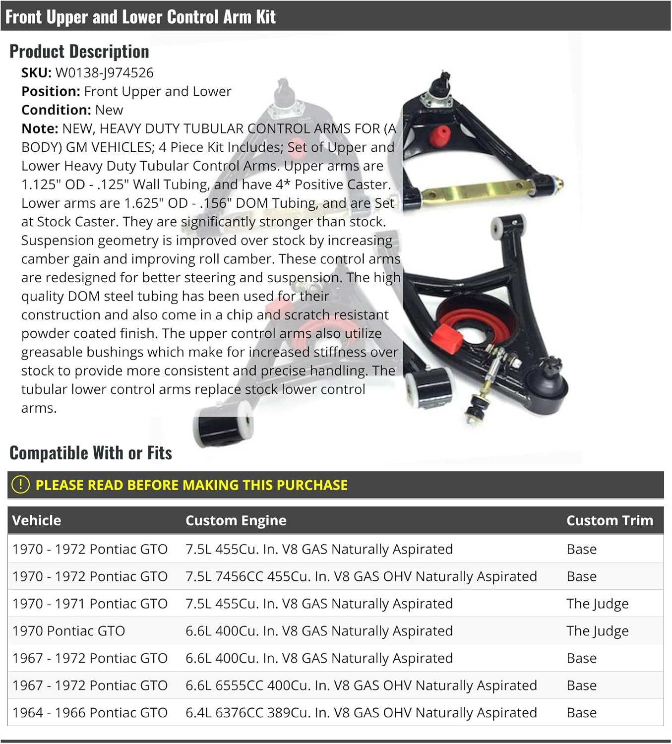 Front Upper And Lower Heavy Duty Tubular Control Arm Kit (Set of 4) - Compatible With 1964-1972 Pontiac Gto