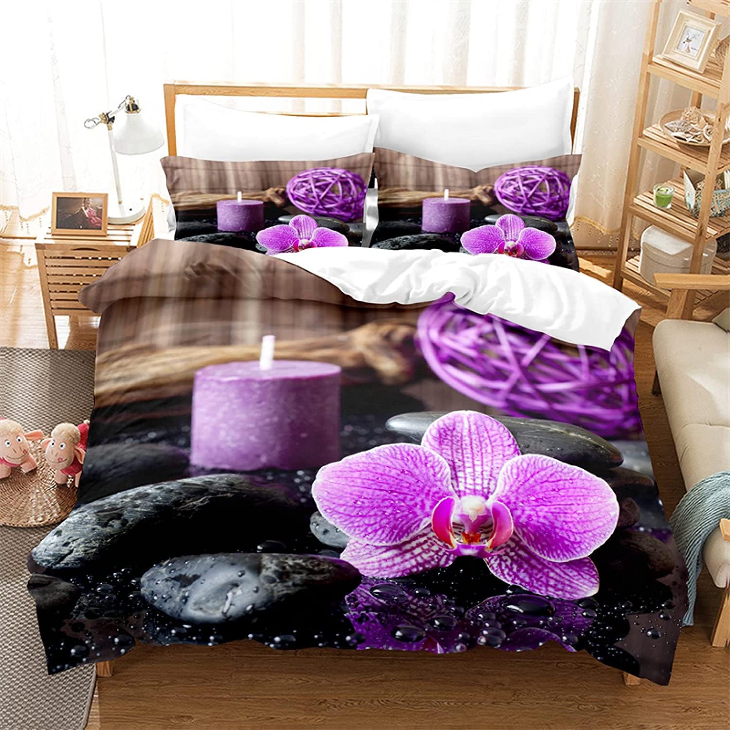 Bettwäsche 200x200 Zen Bettwäsche Set Erwachsene Pflegeleichtes Weiches 3 Teilig 3D Bettbezüge Mikrofaser Kieselsteine Orchideen Bambus Bettbezug Reißverschluss 2 Kissenbezug 80x80