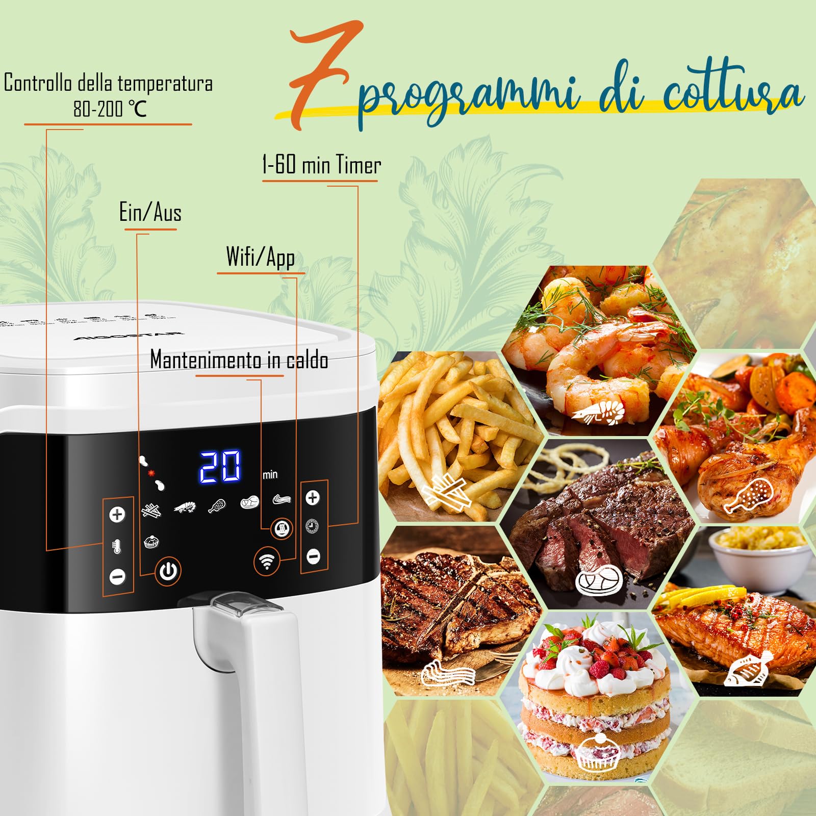Aigostar Friggitrice ad Aria 7L Smart 1900W - WiFi/App con Ricette, 7 Programmi, Schermo LED Touch, Circolazione Aria 360°, Cottura Senza Olio, Cestello Rimovibile Lavabile in Lavastoviglie, bianco