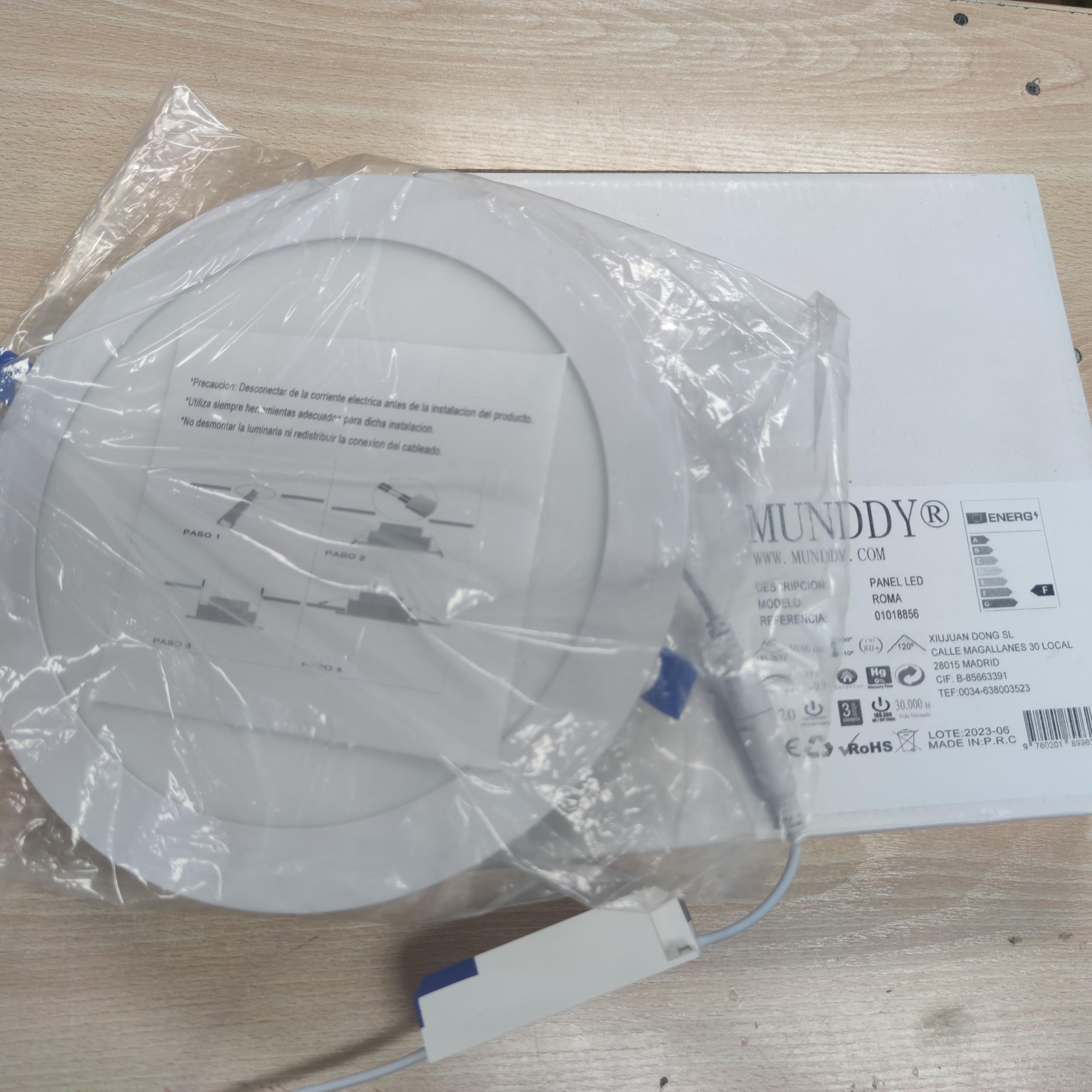 MUNDDY PACK DE 2 Downlight LED Panel Empotrable Redondo, iluminacion 6W, 3000k Blanco Cálido, marco blanco, driver incluido Envio Urgente desde Madrid