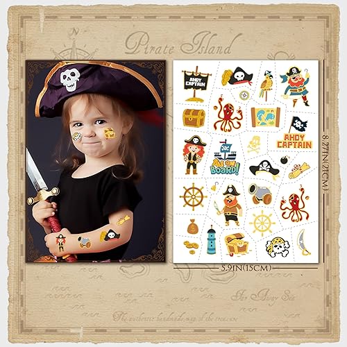Miniatura 3 de Tatuaje temporal de pirata para niños, 110 tatuajes falsos estilo purpurina para niños y niñas, Jake, capitán, calavera, tripulación, tesoro, barco