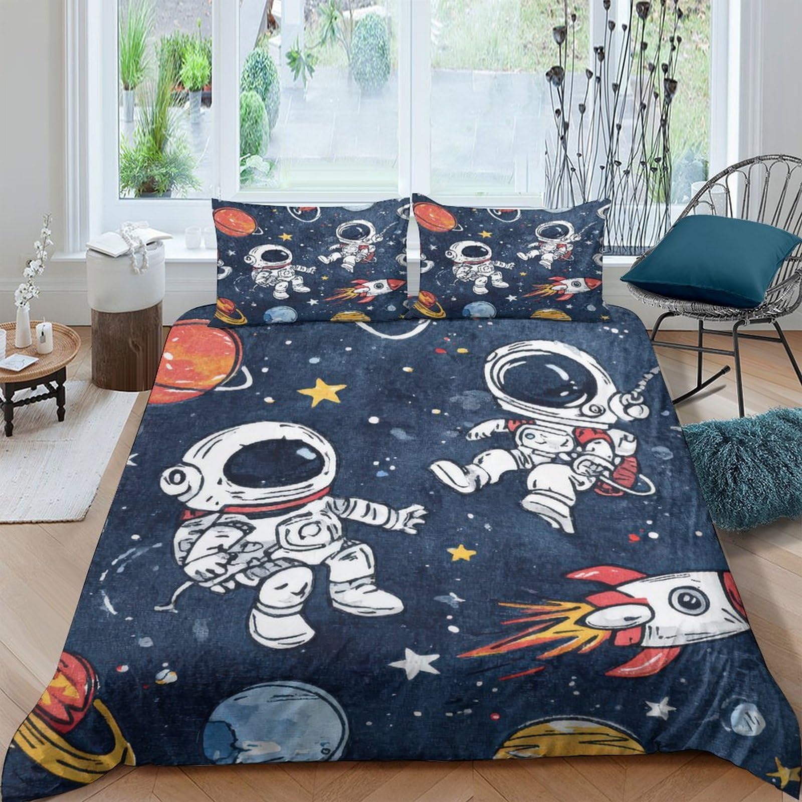 GPLZQXKJNH 3D Printed Astronaut Space Adventure Duvet Cover Microfiber Soft Breathable Rocket Bedding Set with 2 Pillowcases for Bedroom Decor Single（135x200cm）