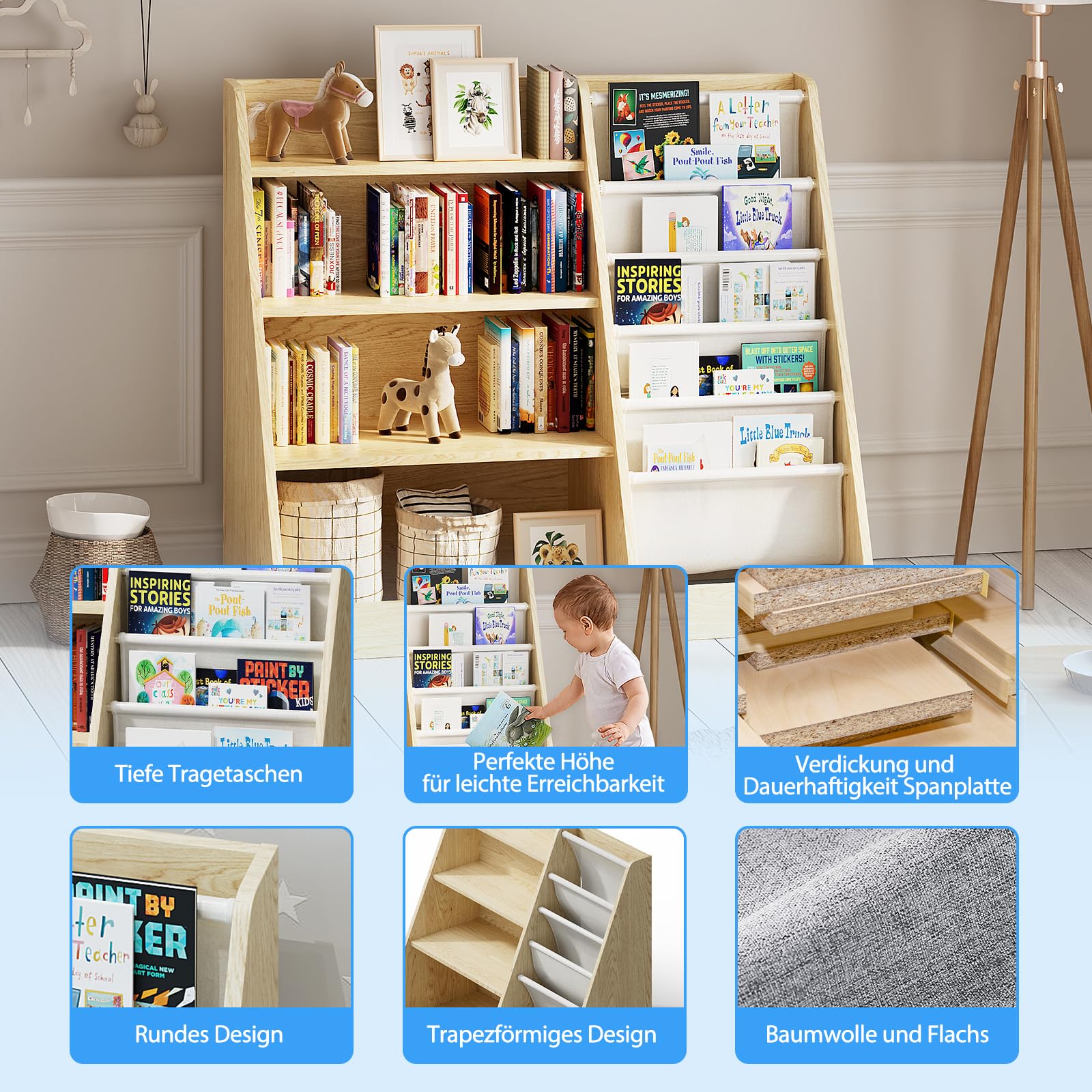 KEEPREAPER Kinderregal Bücherregal für Kinder 90x40x80cm, mit 5 Ablage und 4 offenen Fächern, Holz, Spielzeugregal, Spielzeug-Organizer für Kinderzimmer, Natur