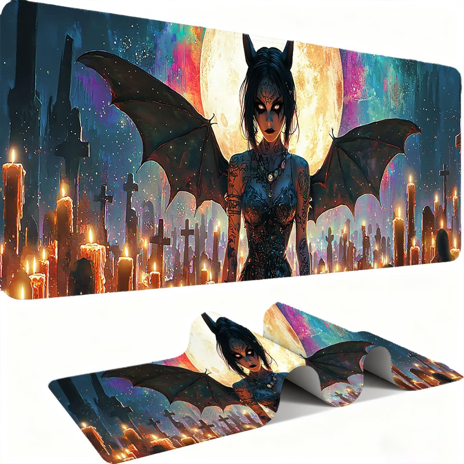 Tappetino Mouse XXL 1200x600x3mm Mouse Pad Gaming, Luna Pipistrello Ragazza, Mousepad Base Antiscivolo, Esteso Accessori Scrivania Tracciamento Ad Alta Precisione tappetino per Computer Ufficio, C0P44