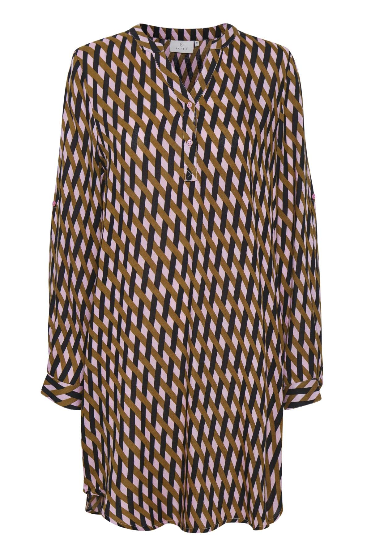 KAFFE Women's T-Shirt with roll-up Sleeves, Oversized Long Blouse Casual Dress, Candy Pink/Thrush Braid Print, 34
