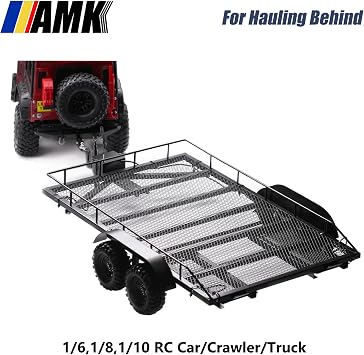 AMK RC Trailer, Metal 1/8 1/10 RC Car Trailer with Installation Manual for Hauling Behind Cars with Truck Hitch and Receiver Crawler Towing Strap Builder Kit for Axial SCX10 90046 TRX4 TRX6 Gen7 Gen8