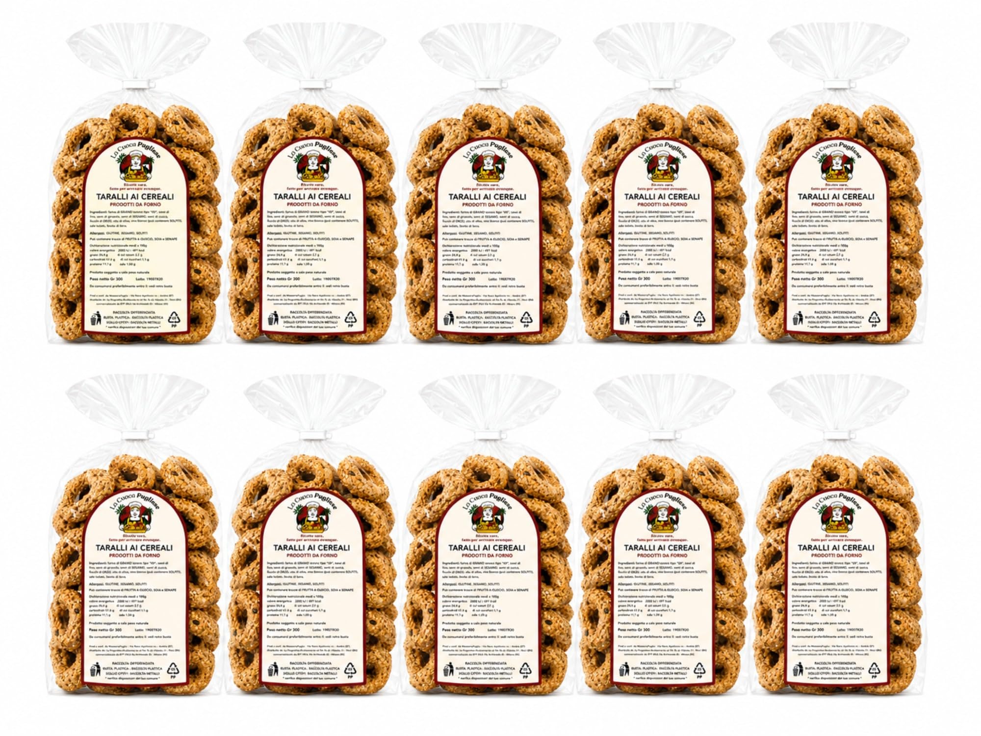 La Cuoca Pugliese - Taralli ai Cereali, taralli artigianali pugliesi croccanti con semi e cereali, snack salato mediterraneo, 10 confezioni da 300 g, specialità da forno pugliese