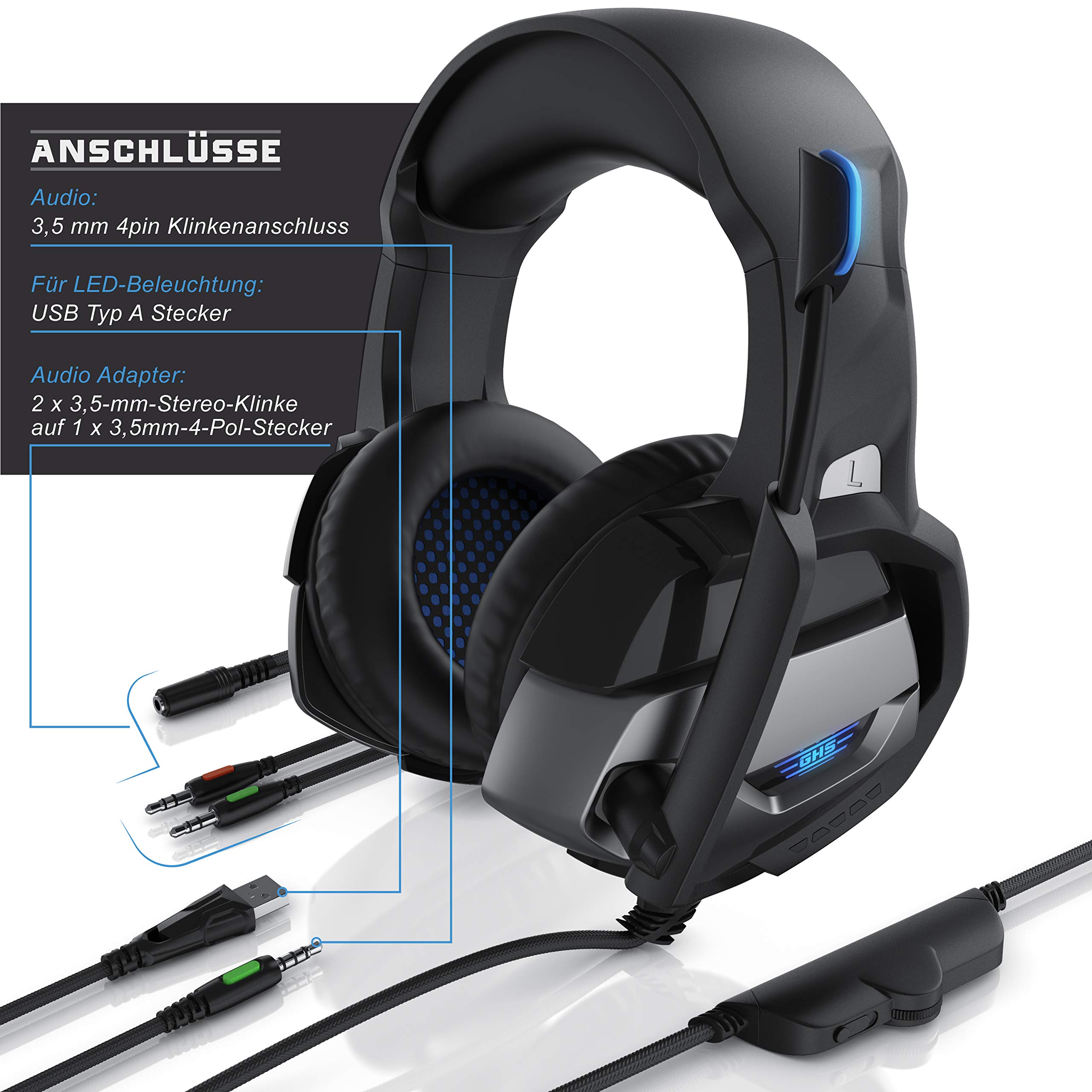 CSL - PS4 PS5 Headset - Gaming Headset Klinke mit Mikrofon - Klinkenanschluss - LED Beleuchtung - Gaming Kopfhörer für PC PS4 PS4 Pro PS5 Xbox One Xbox One S