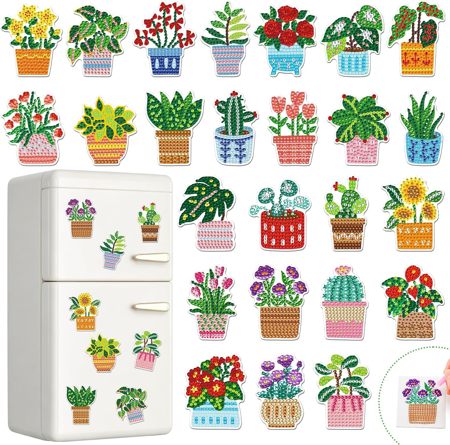 21 PCS Diamond Art Magnets Kits, Small Diamond Art Kits, Spring Flower Plant DIY Rhinestone Refrigerator Magnetic Stickers, Creative Gifts for Handmade Lovers