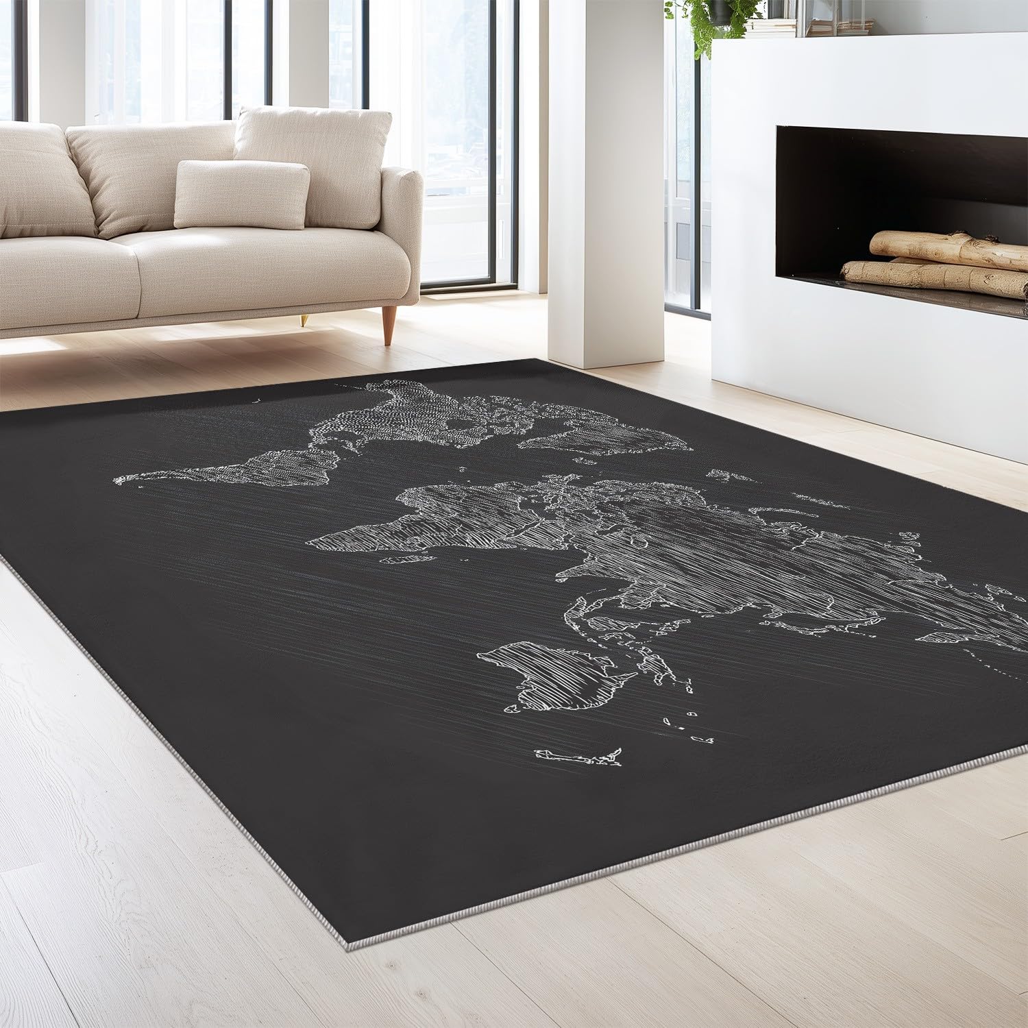Generisch Dywan dla miłośników podróży, 120 x 160 cm, minimalna mapa świata, czarny, sztuka, miękka mikrofibra, nadaje się do prania w pralce, do salonu, sypialni, kuchni i jadalni