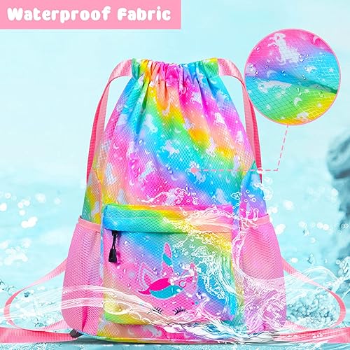 Miniatura 3 de Bolsa con cordón, mochila impermeable para gimnasio deportivo con bolsillo con cremallera para playa, natación, viajes, Arcoíris Unicornio, Cordón