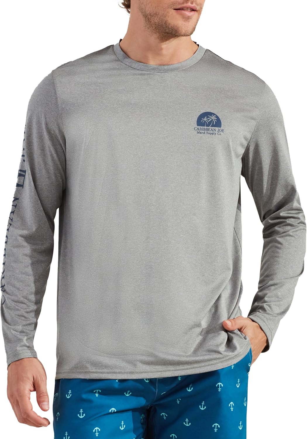Caribbean Joe Men's Men's Rash Guard, Island Sunset Long Sleeve Sun Protection Swim Shirt, Beach and Fishing T-Shirt Top