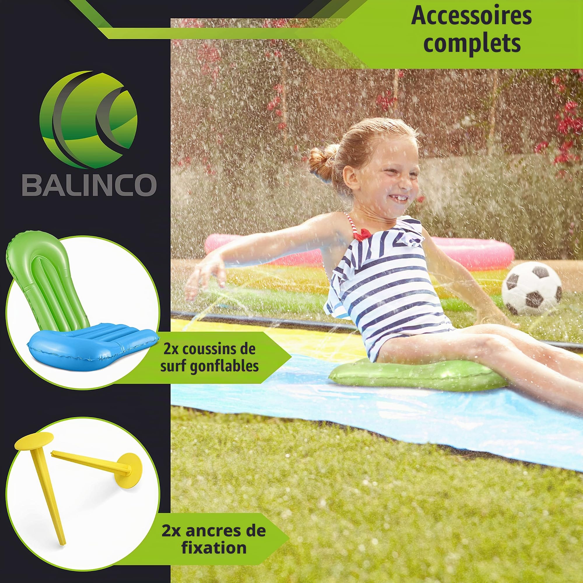 Balinco Toboggan à Eau I Double Toboggan à Eau I Waterslide I Water Slide I Longueur 4.80 m x Largeur 1.40 m I 2X Planche de Surf Incluse I Été I Extérieur I Amusement I Jouets pour Adultes & Enfants