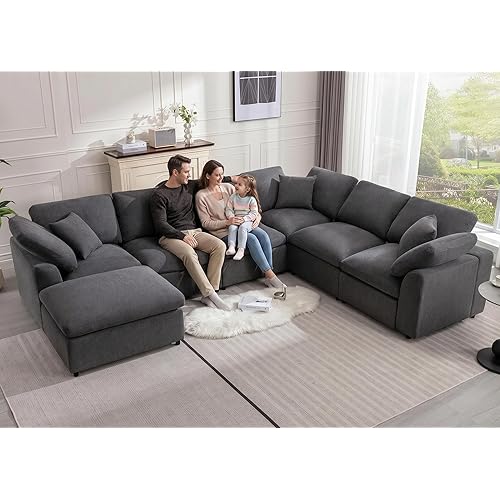 Siiejia Modular Sectional Sofa Modern Oversized Cloud Couch with Movable Ottoman 7 Seater L-Shaped Sofas Comfy Couches for Living Room Spacious Space Office Lounge, Dark Grey