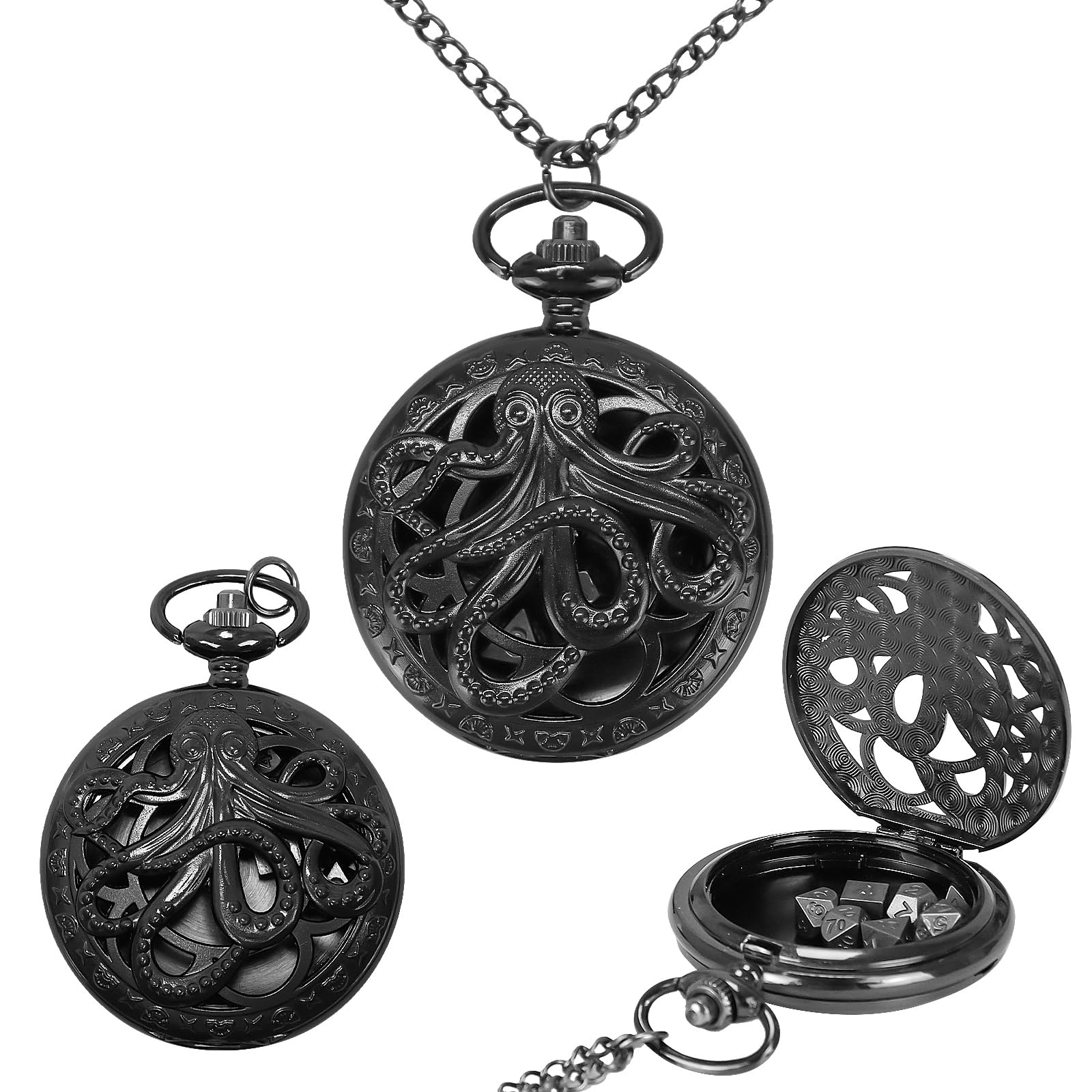 DND Mini Dice Set , Pocket Watch Shell with 7PCS Polyhedral Metal Dice Set Perfect for Dungeons and Dragons, Tabletop RPG and Cards Board Games Board Games Accessory (Octopus Pocket Watch-Black)