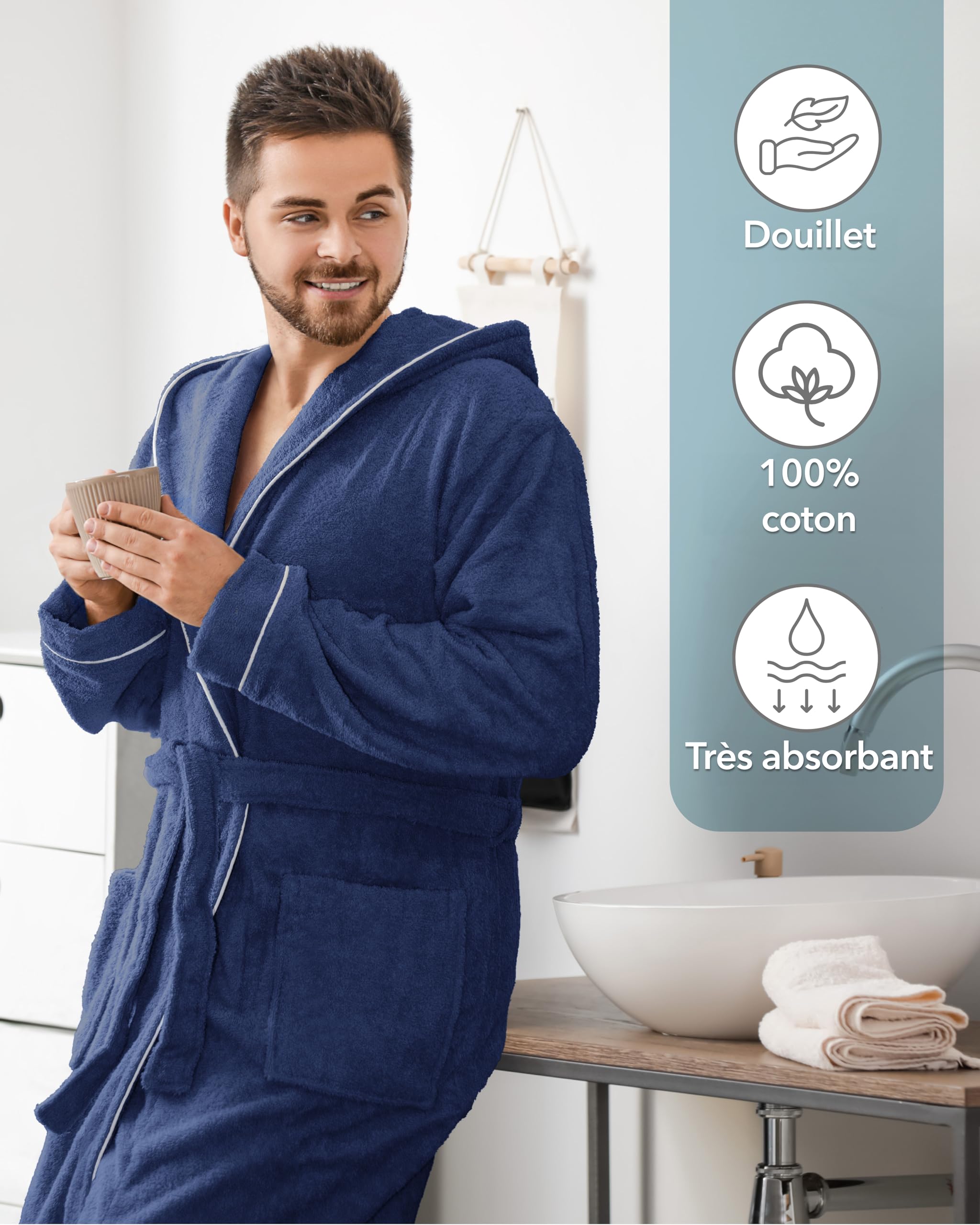 LAYNENBURG Peignoir Homme en éponge - Capuche - long - 100% coton (360g/m2) - OEKO TEX Standard 100 - Taille M, L, XL, XXL, 3XL