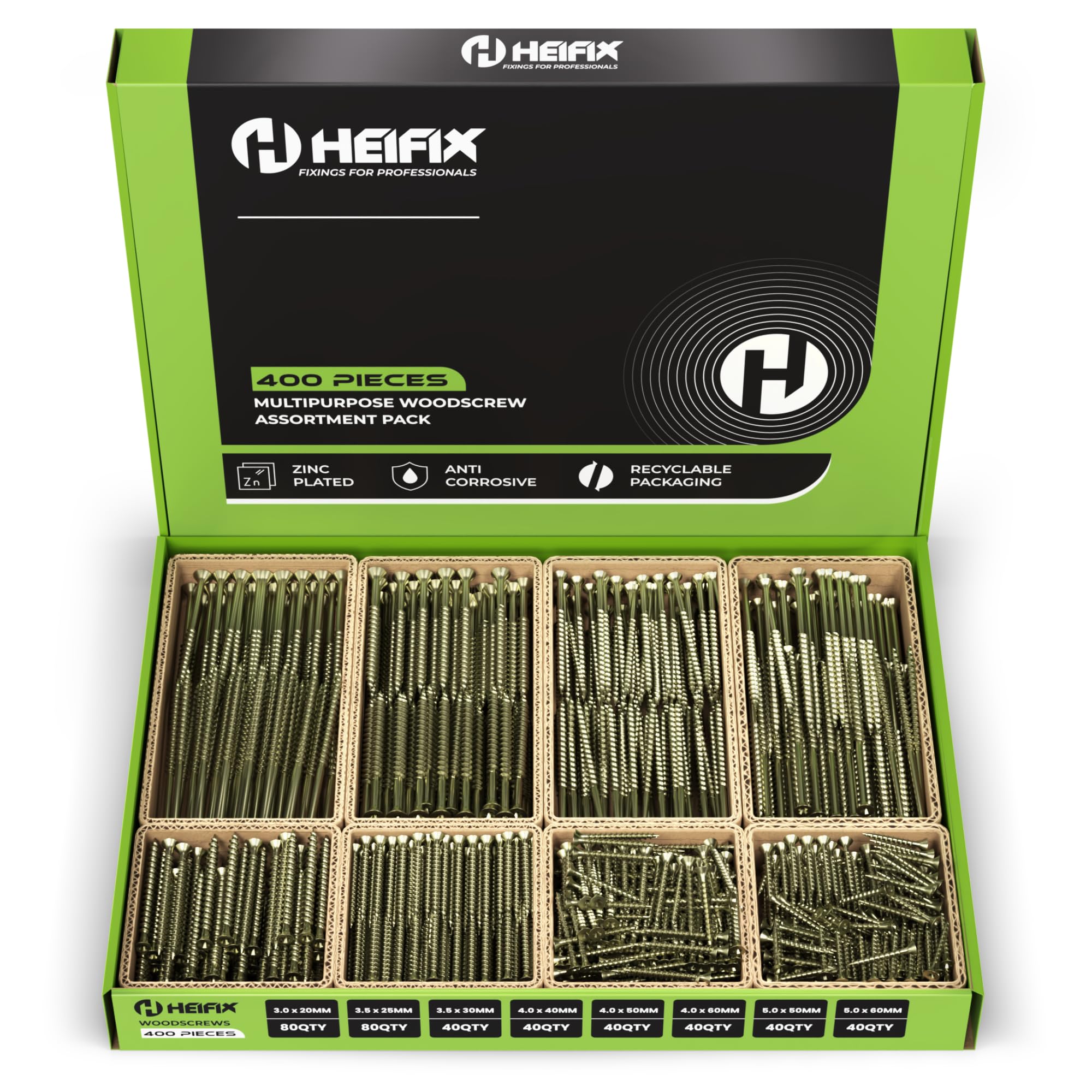 Heifix 400-Piece Wood Screw Assortment Set in Eco Storage Box, FREE Screw Bit Included, Double Countersunk, Pozi, Yellow Zinc