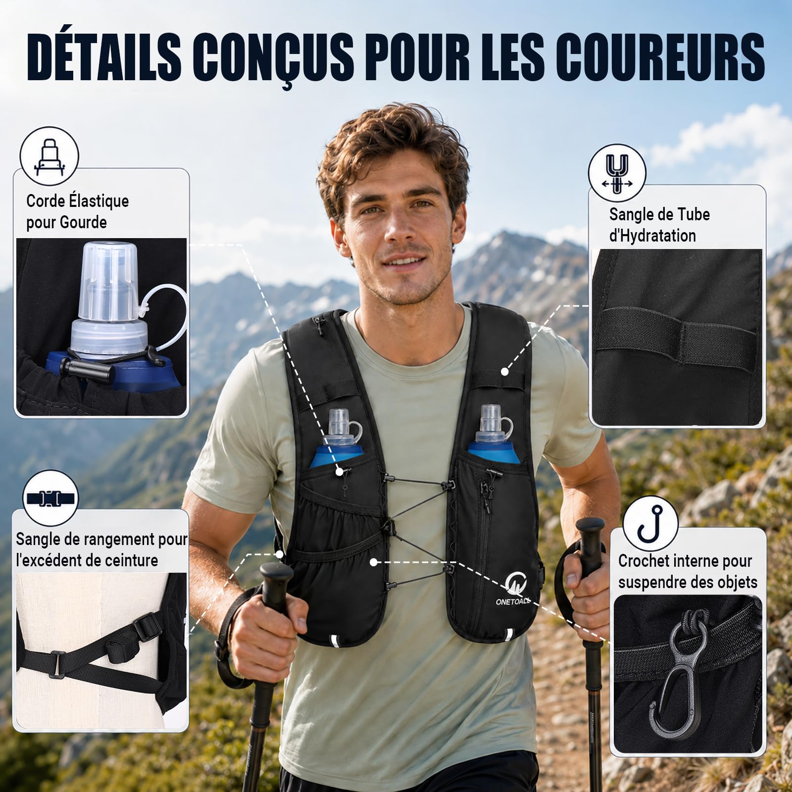 Gilet Hydratation Running Femme - 2 Gourdes Souples 500ml + Lumière LED, Sac de Course à Pied Léger pour Homme, Marathon, Trail, Randonnée