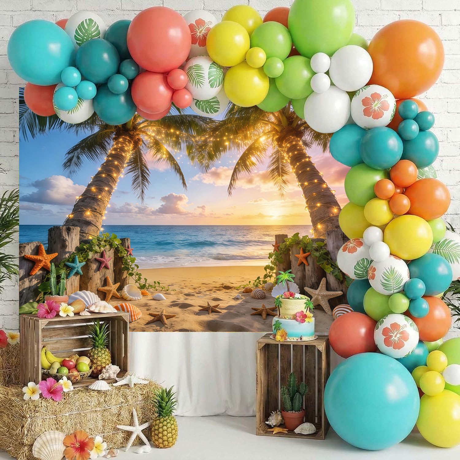 Beach Backdrop 10x10ft Tropical Palm Tree Arch Sunset Beach Photo Backdrops for Photography Luau Hawaiian Party Decorations Ocean Sunset Summer Photo Props for Photoshoot Large Banners Studio Decor