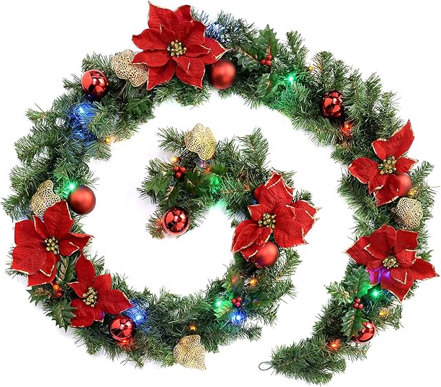 WeRChristmas Pre-Lit Decorated Garland Illuminated with 40 Multi-Colour LED Lights, 9 feet - Red/Gold