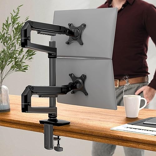 Miniatura 9 de Soporte para monitor doble, soporta pantallas de hasta 40 pulgadas y 25 libras, brazo doble para monitor totalmente ajustable con abrazadera en C y