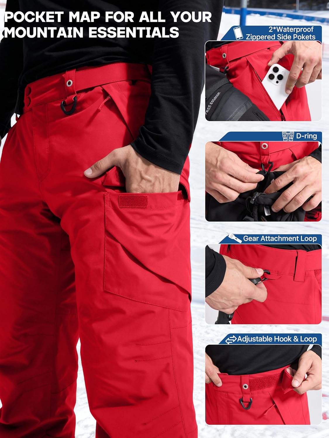 FREE SOLDIER Men's Waterproof Snow Insulated Pants Winter Skiing Snowboarding Pants with Zipper Pockets