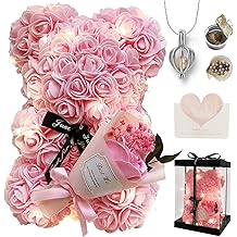 Romantic Valentines Day Gift for Her, Artificial Flowers Bouquet Necklace Rose Teddy Bear with Real Pearl Blind Box Birthday Gift, Valentiness Day Gift for Monther Wife Girl (Pink)