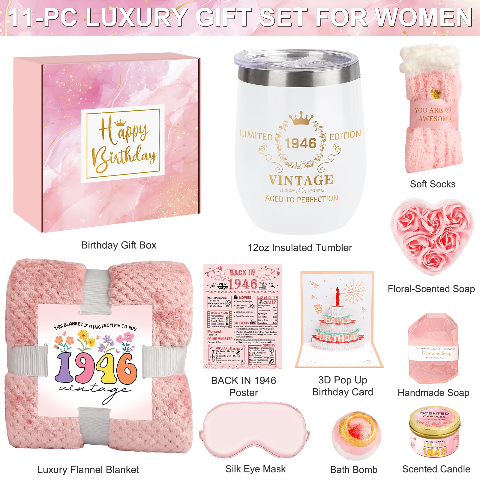 Verwöhn-Geschenke zum 80. Geburtstag für Frauen, Pflegepaket Gute Besserung, Geschenke für 80 Jahre alte Frau, 1946 Geburtstagsbox, entspannendes Spa-Set mit Becher, Decke, Poster für sie, Mutter