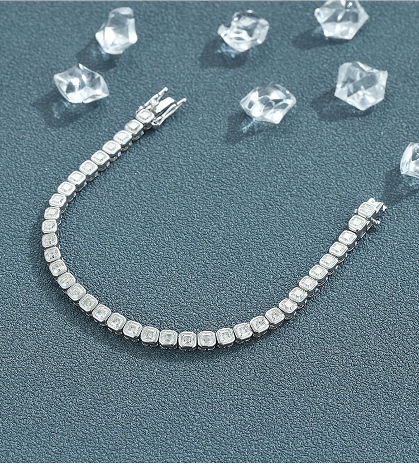 Asscher Cut 3MM Moissanite Bracelet for Women D Color VVS1 Clarity Lab Created Diamond Tennis Bracelet Bezel Set Sterling Silver Statement Bride Bracelet Sizes 6-7.5 Inch