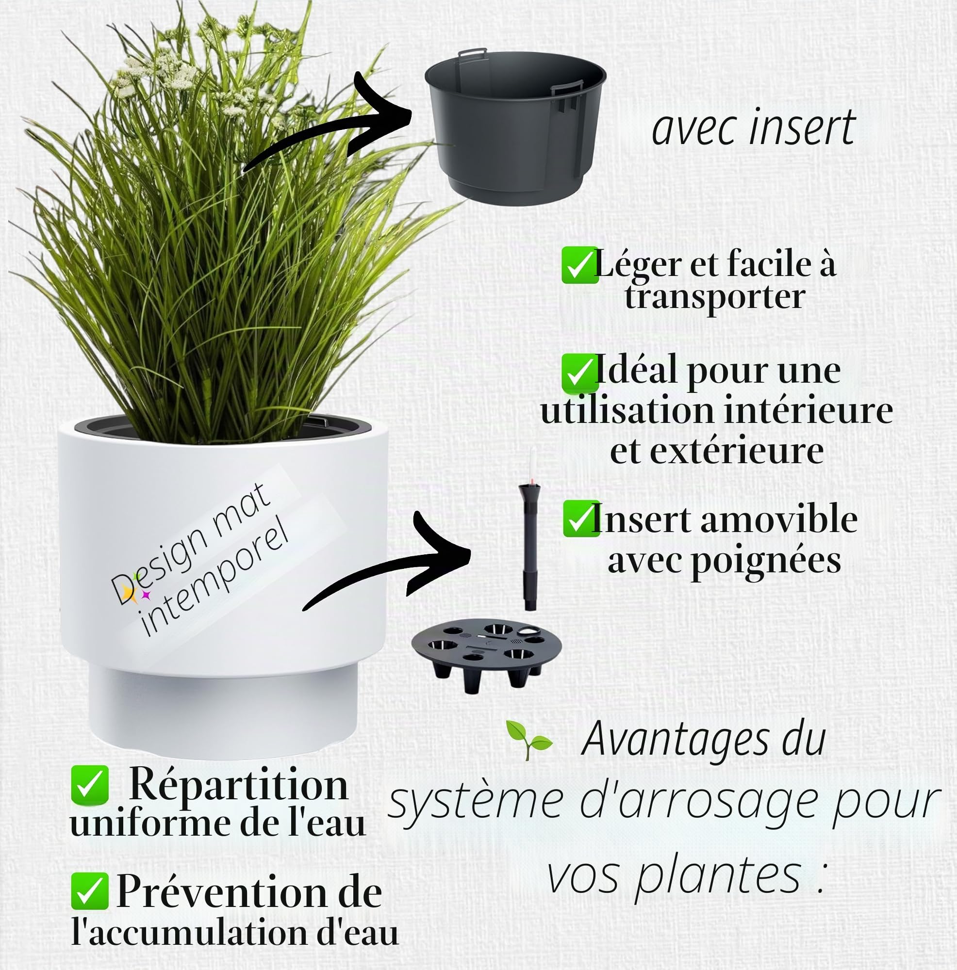 MELTOM Pot de fleurs avec insert amovible - Rond - Résistant au gel - Moderne - Mat - Système d'irrigation (blanc, taille XXL - 47 cm)
