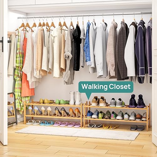 Vista 97 de Zapatero de bambú negro de 4 niveles para entrada, apilable, plegable, natural, organizador de zapatos para armario de pasillo, zapateros de pie