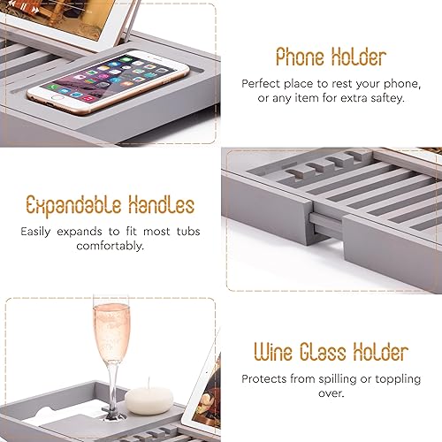 Miniatura 37 de Bandeja de madera para bañera – Bandeja de baño de bambú plegable y expandible para bañera con soporte para vino, soporte para libros y tabletas