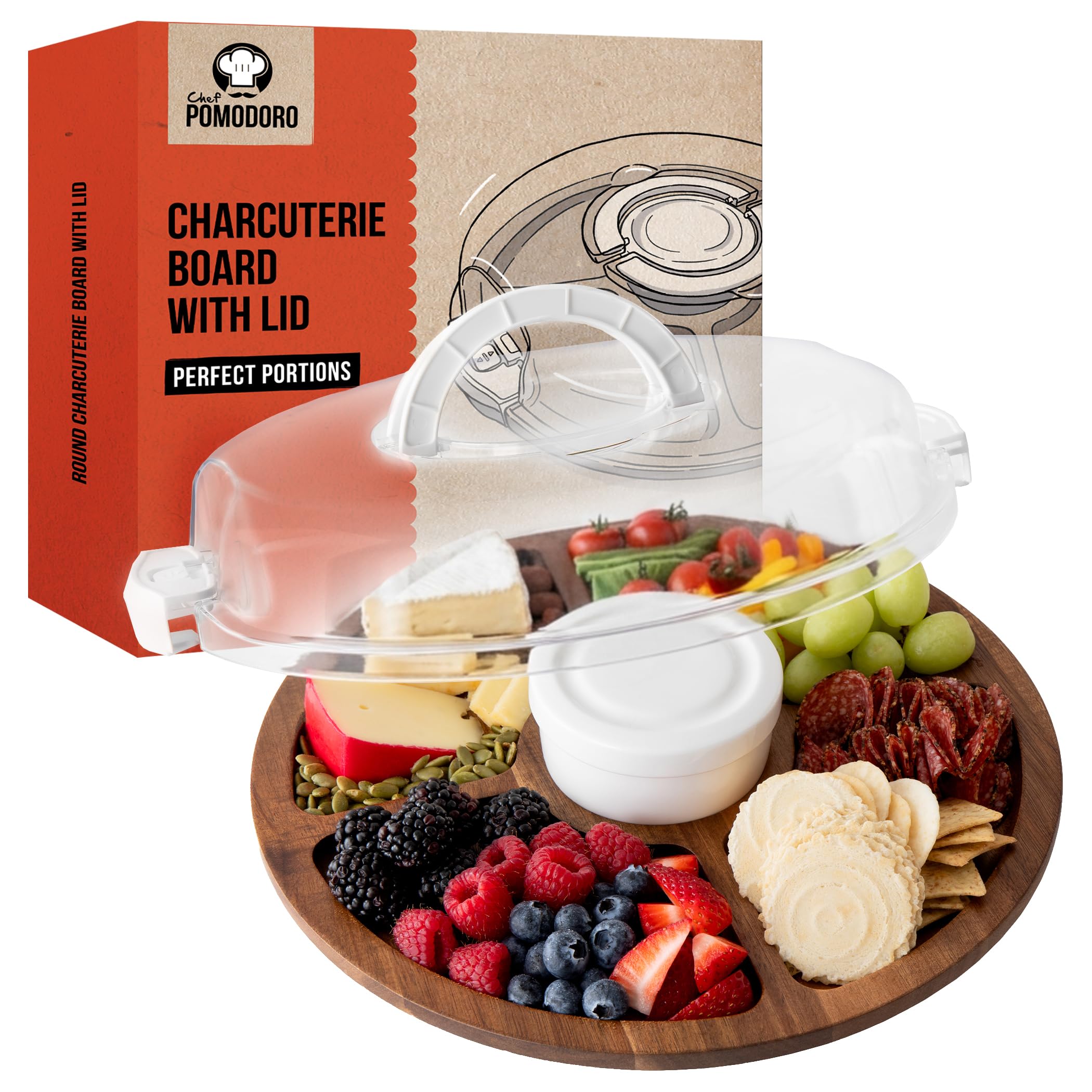 Chef Pomodoro Tabla de Quesos con Tapa (34 CM), Queseras para Guardar el Queso, Tabla para Quesos y Aperitivos, Tabla de Queso y Embutidos Madera, tabla de charcutería portátil, Redonda