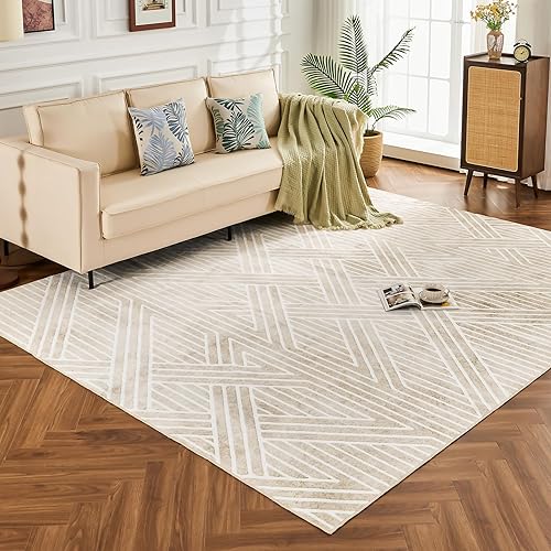 Miniatura 17 de INGEROOM Alfombras de área de 5 x 7 pies para sala de estar, alfombra lavable de 5 x 7 pies, color beige, alfombra de diseño moderno, alfombra Crema
