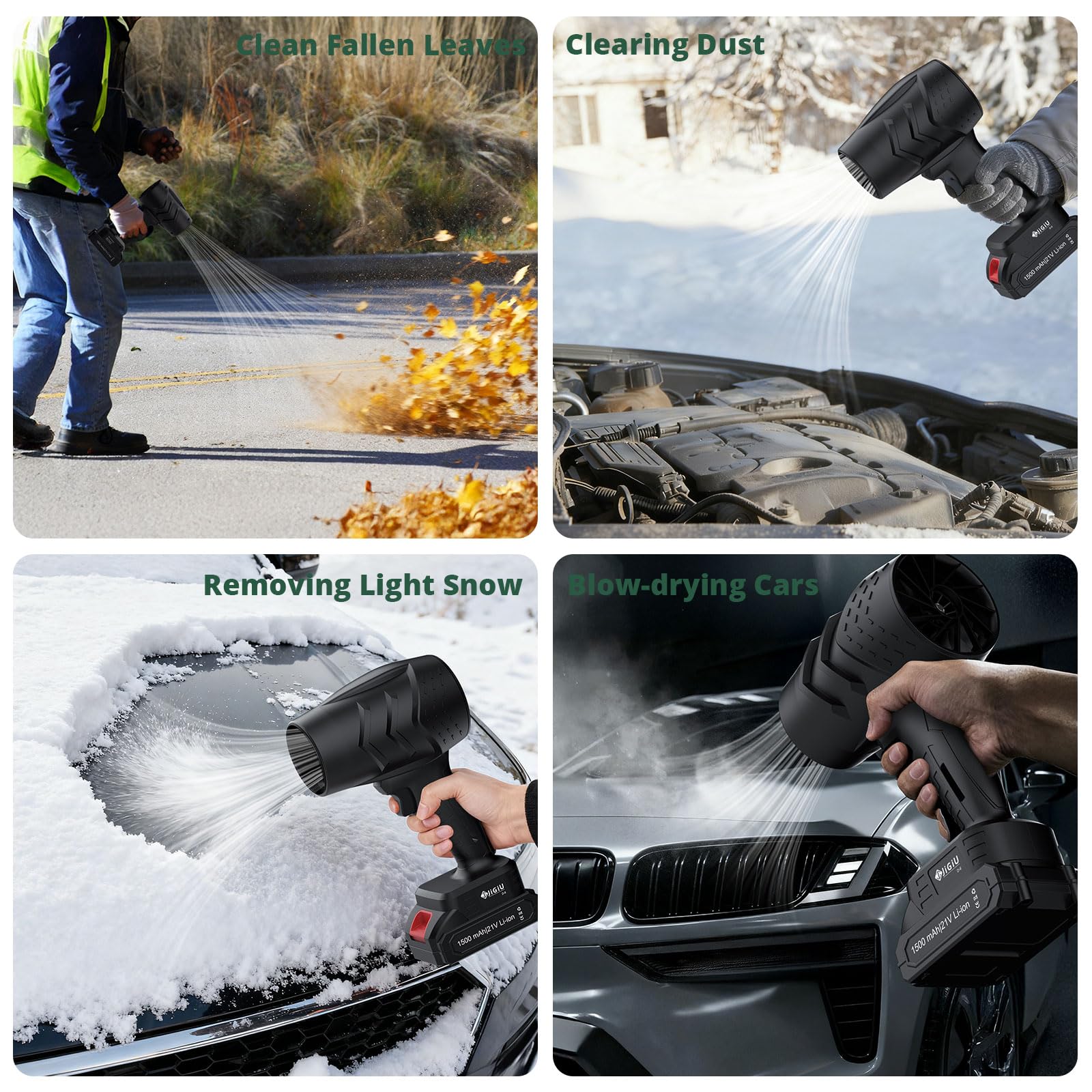 JiGiU Soplador de Hojas Inalámbrico con Batería 21V, Soplador de Aire sin Cable de 21V 26000RPM para Limpiar el Coche, el PC, el Patio y el Jardín Ligero Nieve con 2 Pilas Recargables