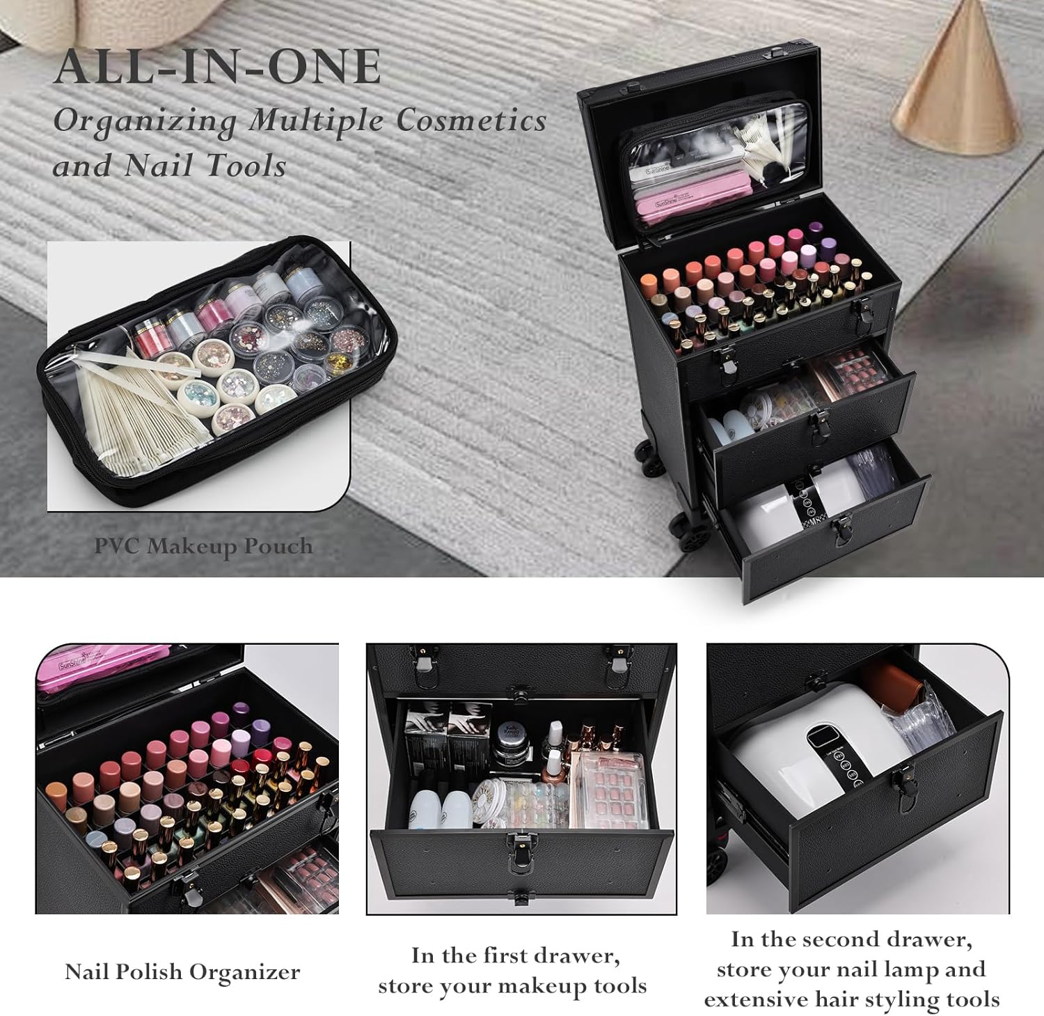 Rolling Makeup Train Case With 2 Extra Large Drawers, Nail Organizer, Foldable Table With Electric Dust Collector, Manicure Desk for Mobile Stylists, Artist Salon Cart Trunk - Black