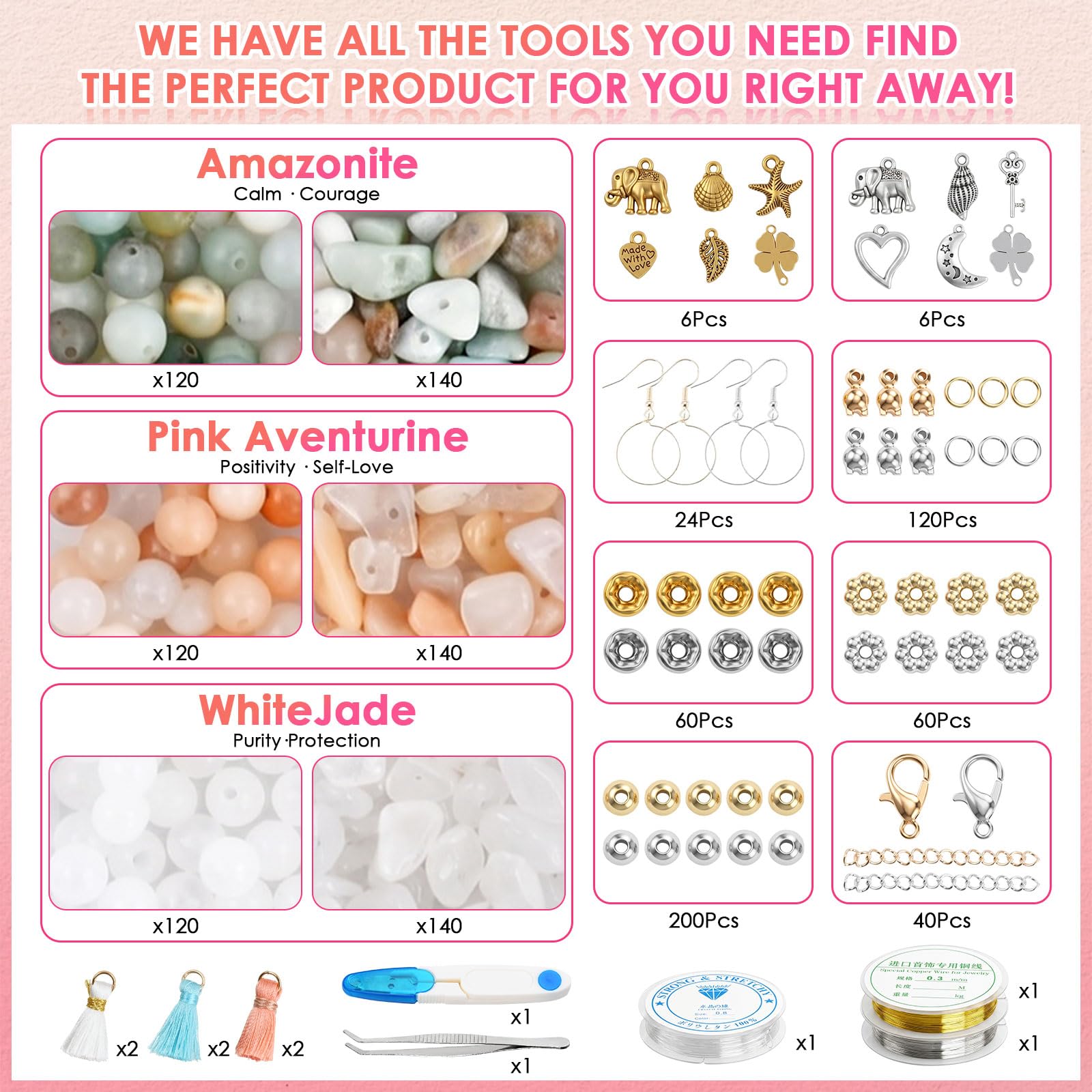 Perline per Braccialetti Naturali, 780 pcs Pietre Preziose da 6mm, Kit DIY per Creazione di Gioielli, Collane, Orecchini e Braccialetti, Set Completo con Accessori
