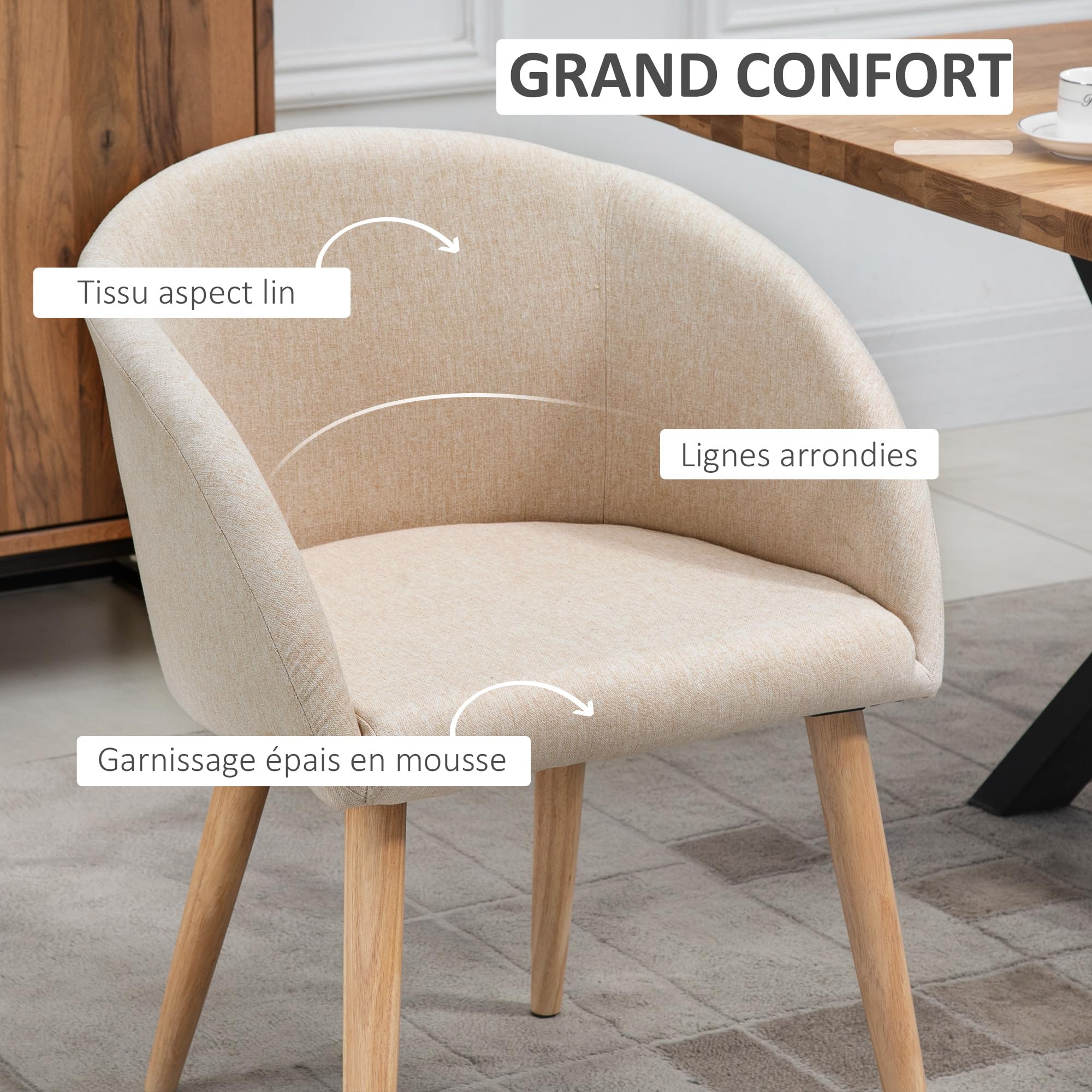 HOMCOM Lot de 2 Chaises de Salle à Manger Scandinave Aspect Lin Beige