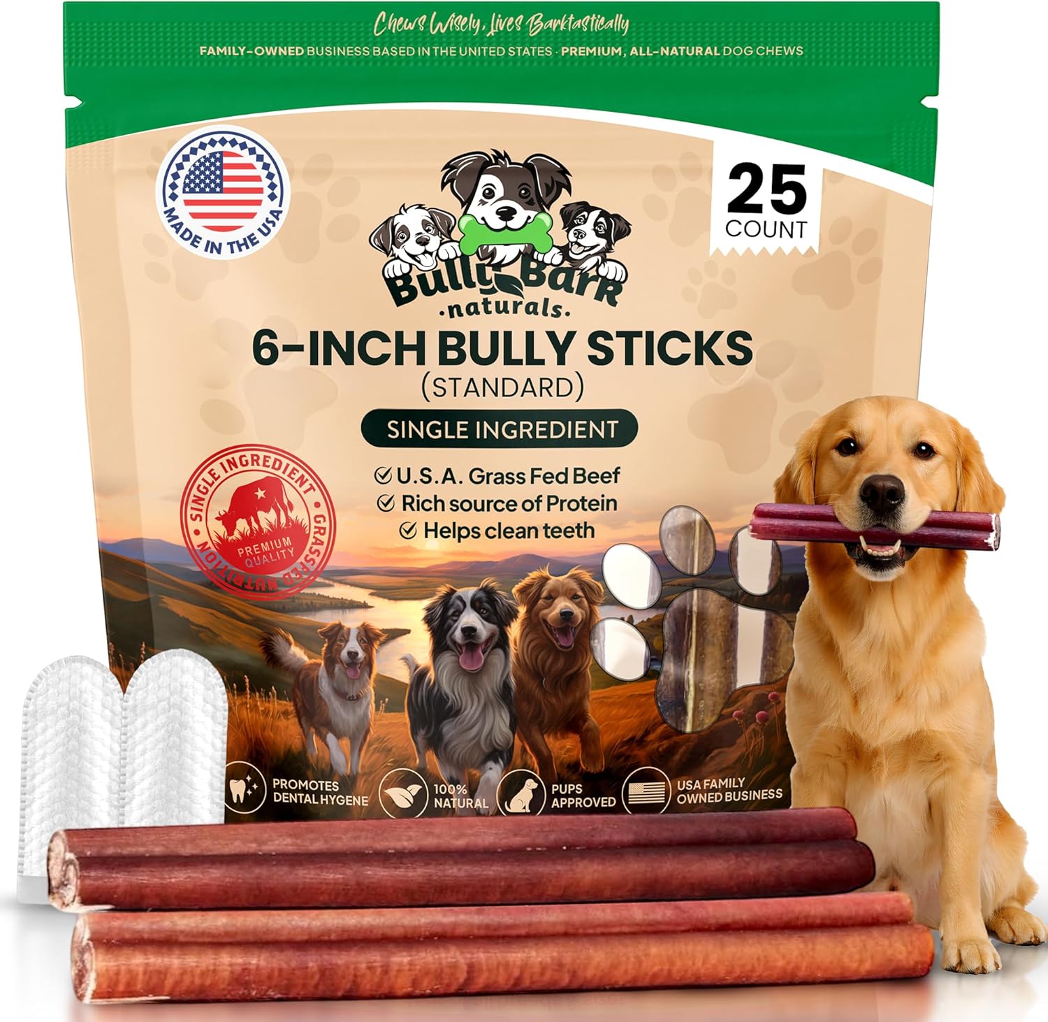 Standard 6” Bully Sticks for Dogs - 25 Count - Natural, Odor Free, High Protein, Grass-Fed Beef Pizzle Sticks for Dogs - Fully Digestible, Rawhide-Free Puppy Bully Sticks for Medium & Large Dog