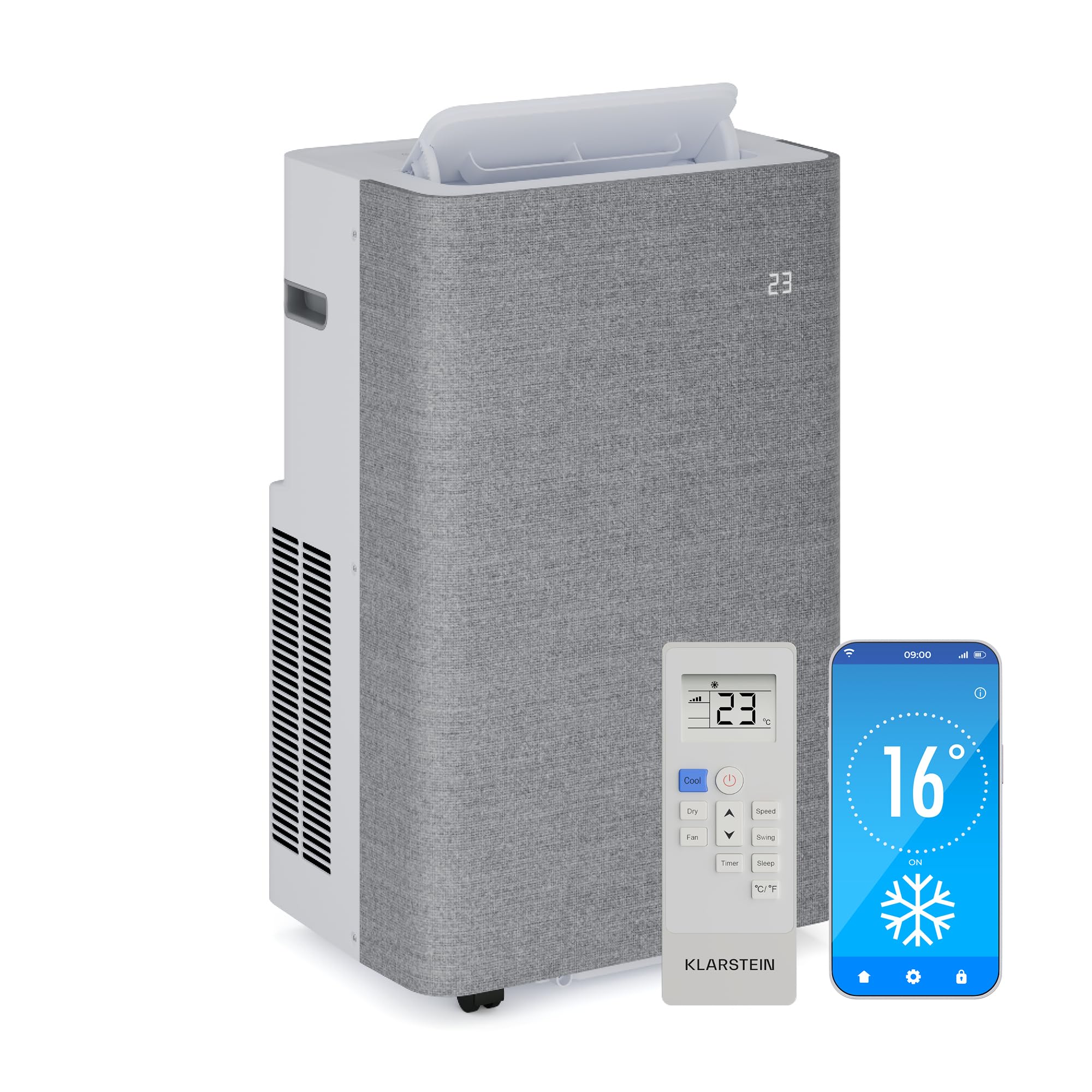Klarstein Mid Grey Airelux Portable Air Conditioner - 14,000 Btu, Smart App & Voice Control, For Rooms Up To 30 M², 4-In-1 Cooling, Dehumidifier, Fan & Sleep Mode, Quiet, Grey
