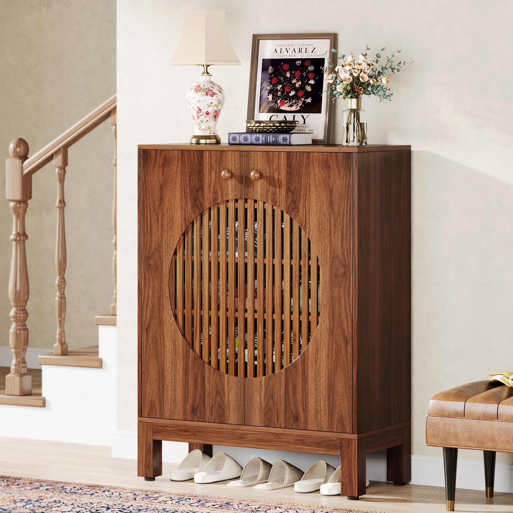 Meuble à Chaussures 5 Niveaux Avec Portes à Persiennes - Rangement Pour 20 Paires, étagères Réglables, Style Ferme - Pour Entrée, Couloir