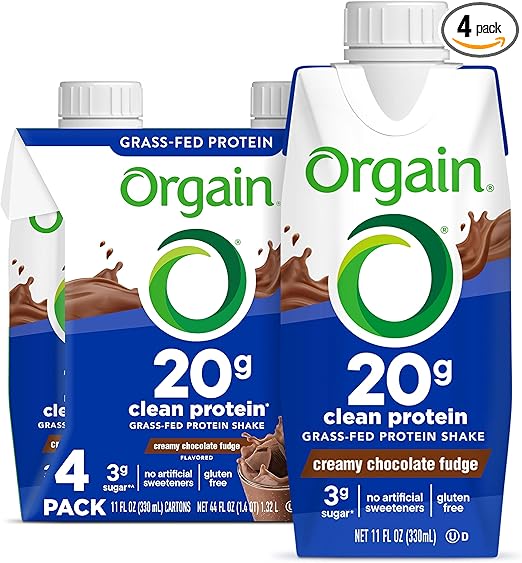 Orgain Clean Protein Shake, Grass Fed Dairy, Creamy Chocolate Fudge - 20g Whey High Protein, Kosher, Ready to Drink, Low Net Carbs, Gluten Free, No Soy Ingredients, 11 Fl Oz (Pack of 4)