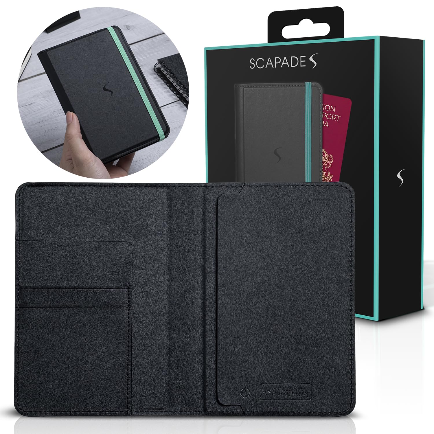 SCAPADE AirPass - Cartera para pasaporte rastreable, funciona con Apple Find My, batería recargable (5-6 meses), 3 ranuras para tarjetas, no necesita aplicación, elegante funda de viaje para usuarios