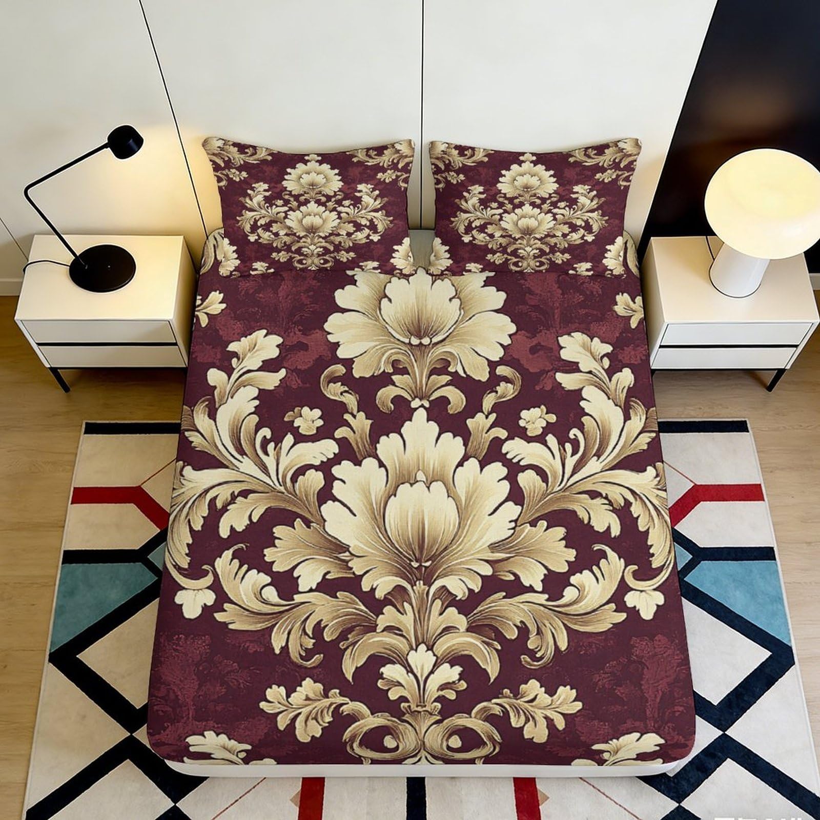 Pnayamiorkfel Style-10 3D Printed Vintage Floral Fitted Sheet Microfiber Soft Burgundy Bed Cover For Bedroom Guest Room Decor Mattress Protection 90X200x25cm