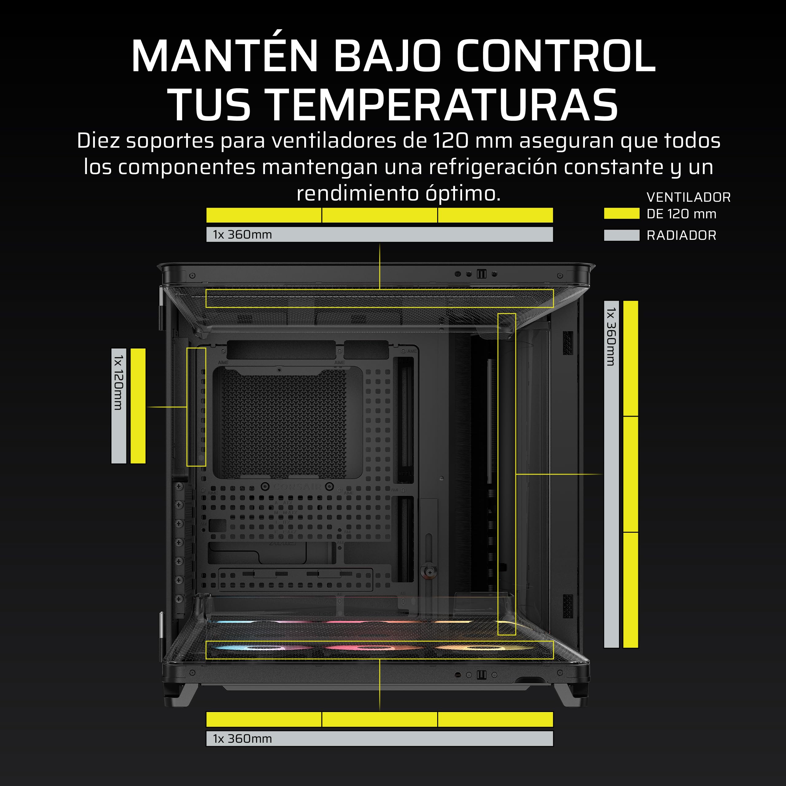 CORSAIR Air 5400 RS-R ARGB Caja para PC semitorre panorámica de Triple cámara – 3 Ventiladores RS120-R ARGB Reverse-Rotor preinstalados – conductos de Alto Flujo y bajo Ruido – Negro
