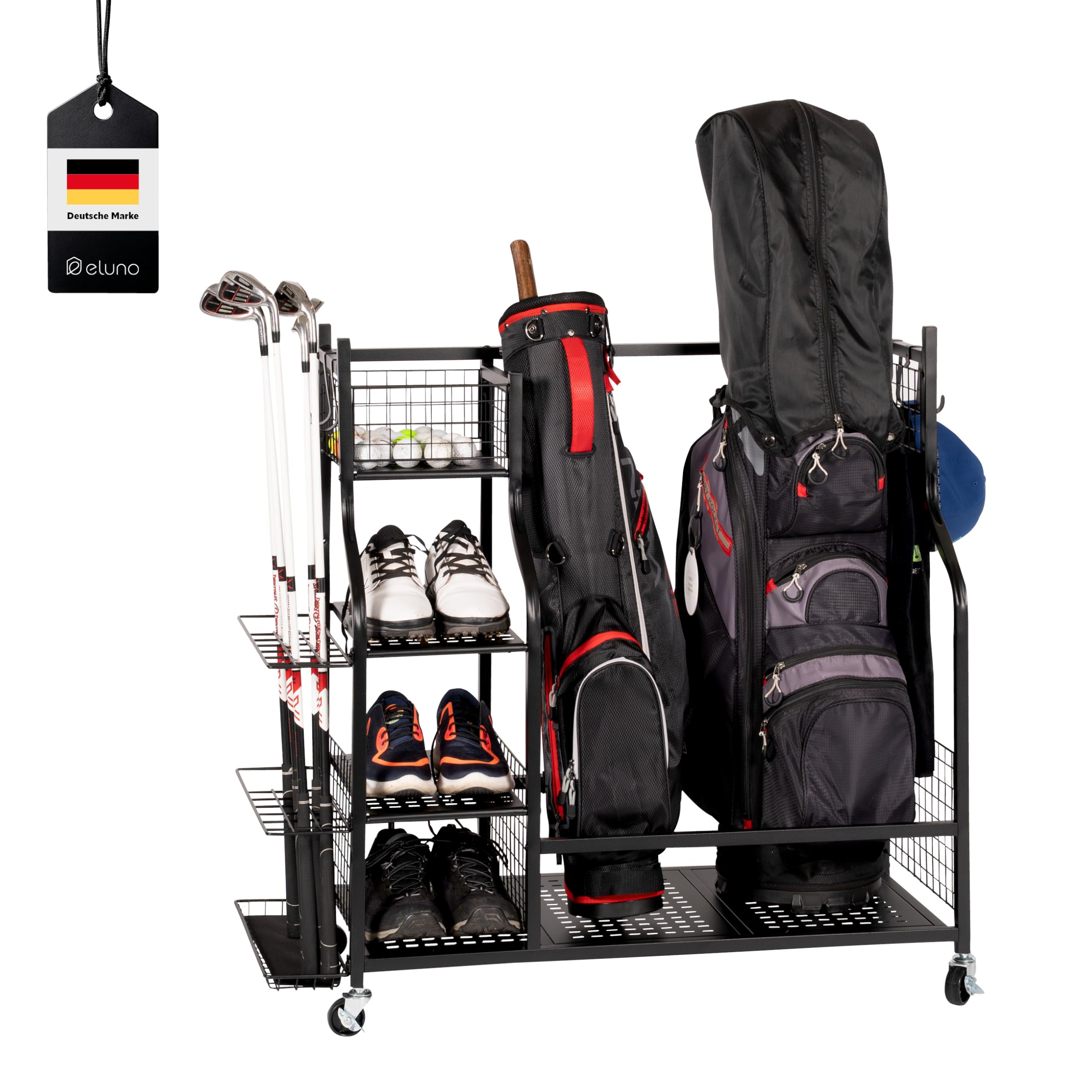 eluno Golftaschen-Organizer, Regalwagen mit stabilen Ablagefl�chen und K�rben, Aufbewahrungsregal passend f�r 2 Golftaschen und Golfausr�stungszubeh�r, Golftaschenhalter, aus schwarzem Stahl