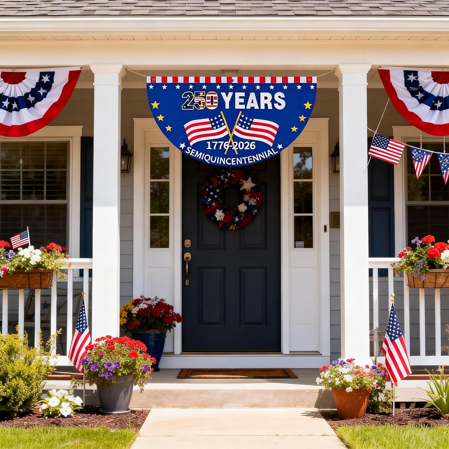 2Pcs 250th Anniversary Fan Bunting Flags, 1.5X3 FT 1776-2026 American Fan Flags Patriotic Party Supply, American Semiquincentennial Half fan flag for Wall, Front Door, Porch, Fence, Outdoor Decoration image 4