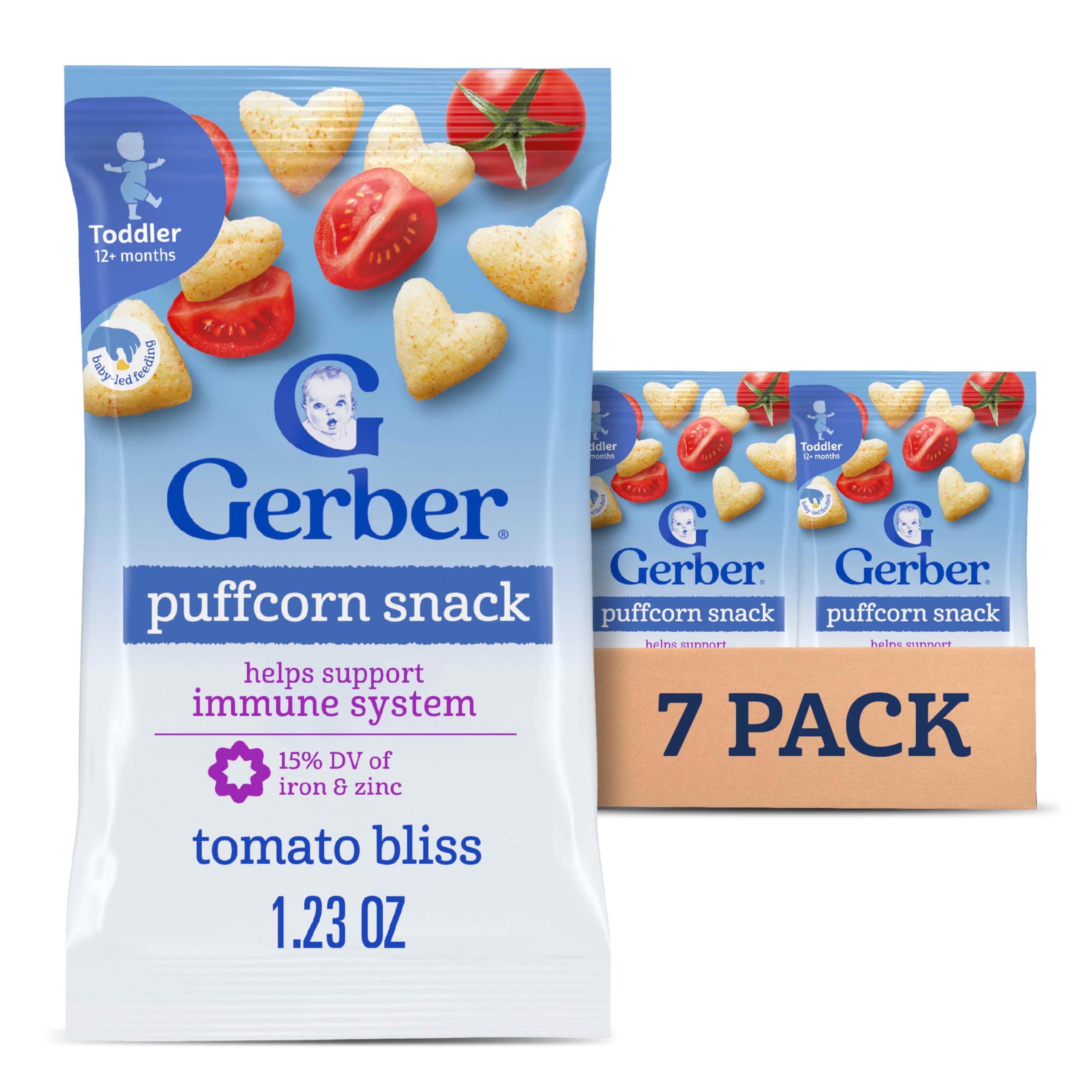 Gerber Toddler Snacks, Snacks for Kids, Kernel Free, Heart Shaped Puffcorn Snack, Tomato Bliss Flavor, Zinc and Iron Helps Support Immune System, 7-Pack
