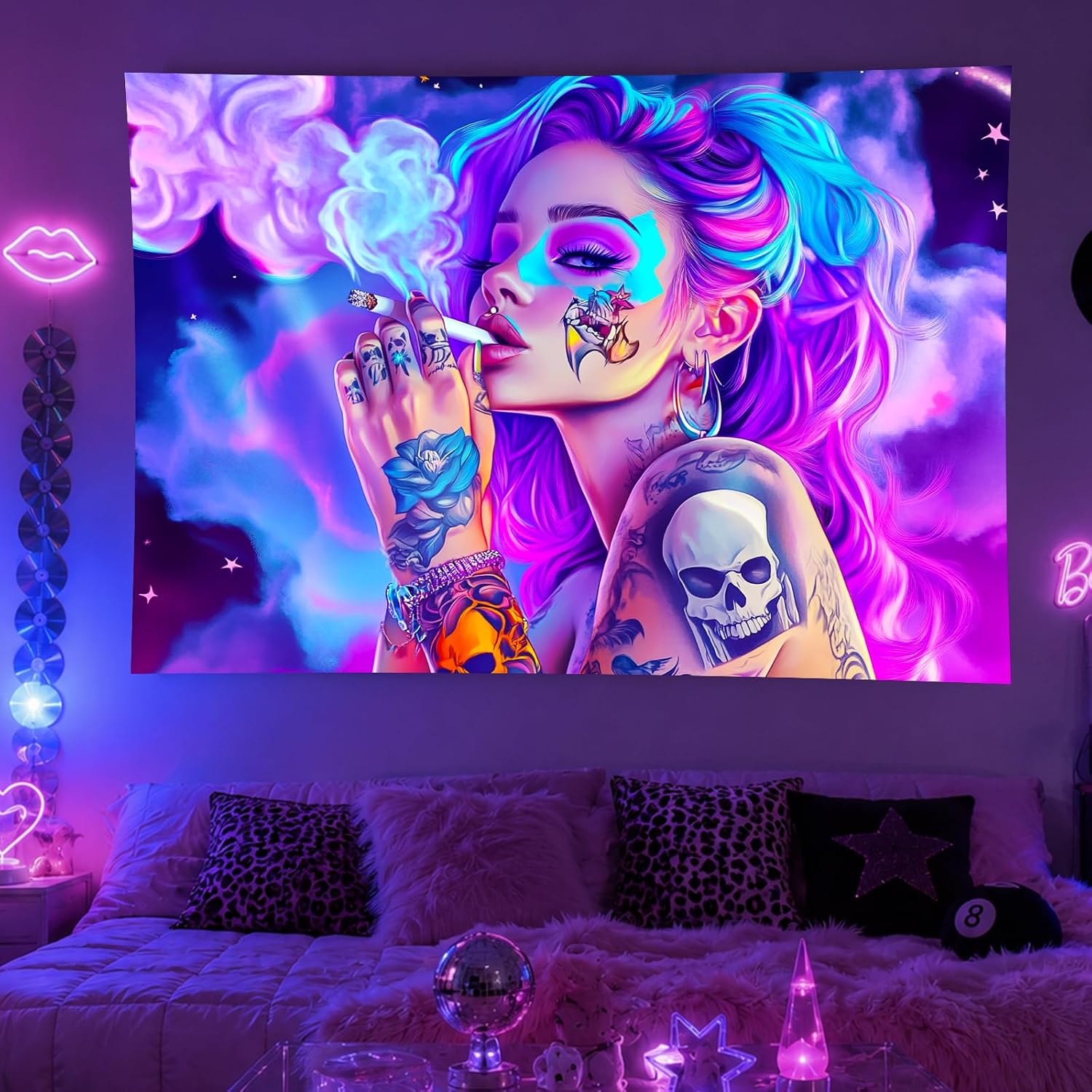 BlissYard Girl Blacklight Tapestry 78x59 Inch Cool Girl Room Decor image 2